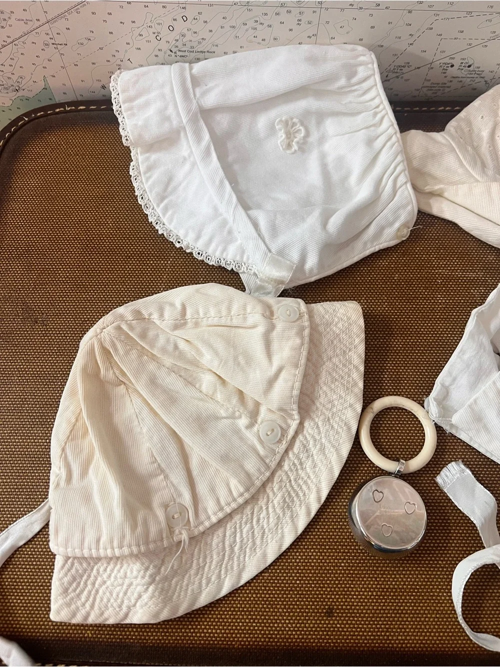 Vintage Baby/doll Bonnets Lot Of Four Plus Bonus Silver Plated Baby Rattle